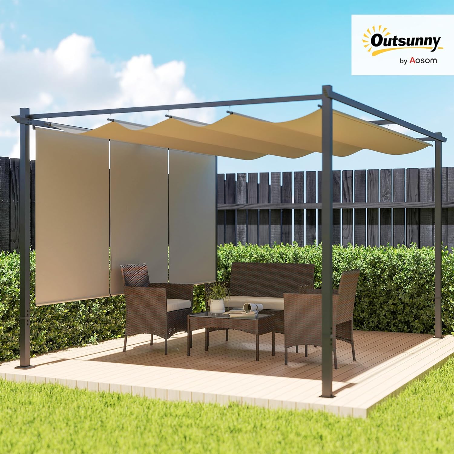 Outsunny Pérgola de Jardín 4x3 m con Techo Retráctil y 3 Laterales Enrollables, Cenador de Jardín Montado en Pared o Independiente, con UPF30+, Estructura Metálica, Pabellón para Exterior, Beige