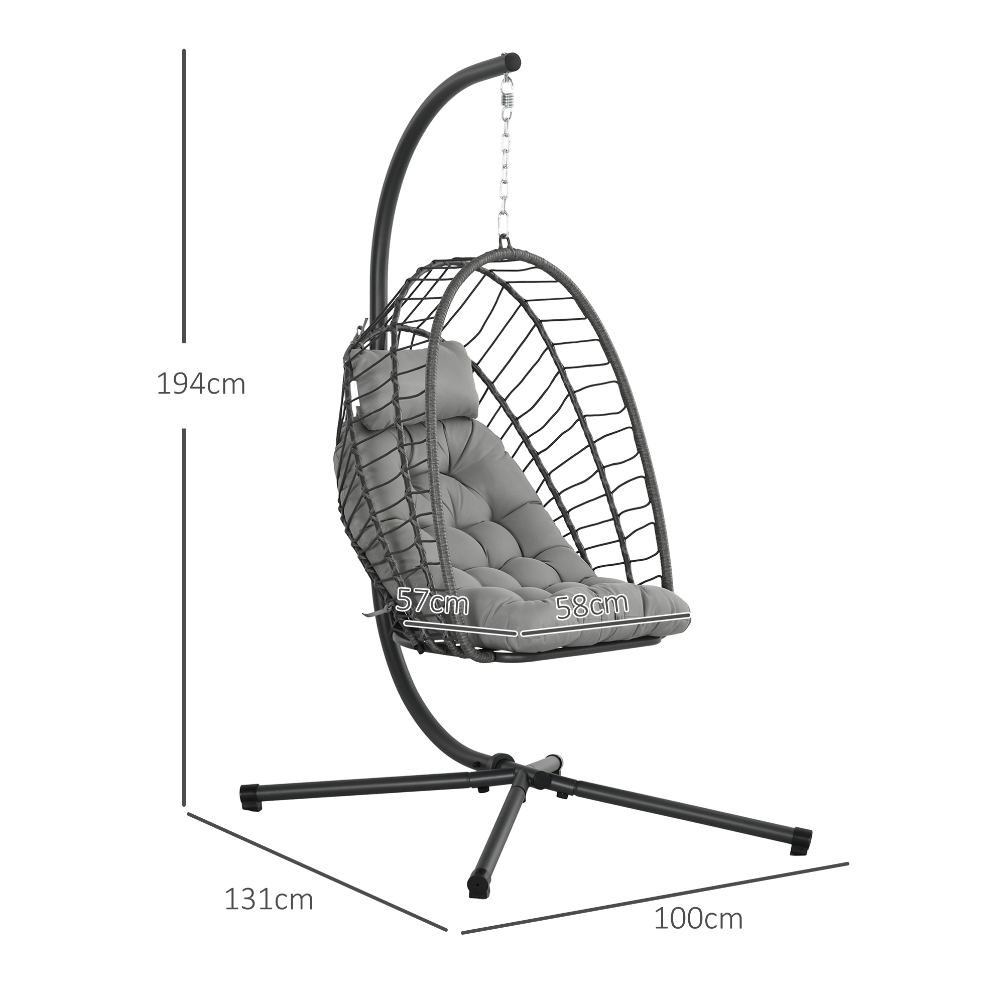 Outsunny Hangingstoel Rotan Loungestoel, weerbestendig, 1 kussen, 100 cm x 131 cm x 194 cm, Lichtgrijs