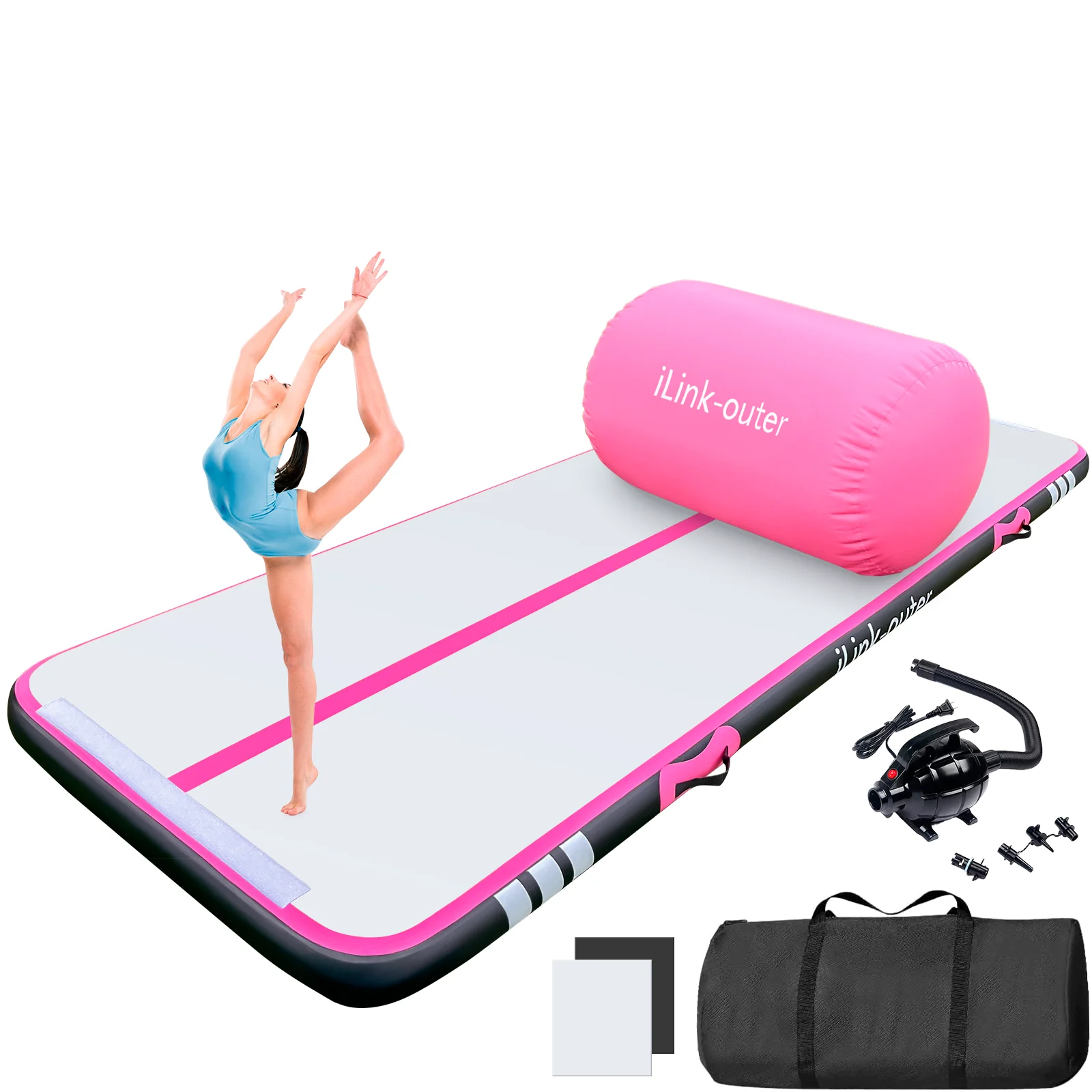 10-voet Gymnastiek Luchttrack Mat met Roller, 10 cm dikke Trainingsmat met elektrisch pompenset ?C voor thuis, fitnessstudio of buiten