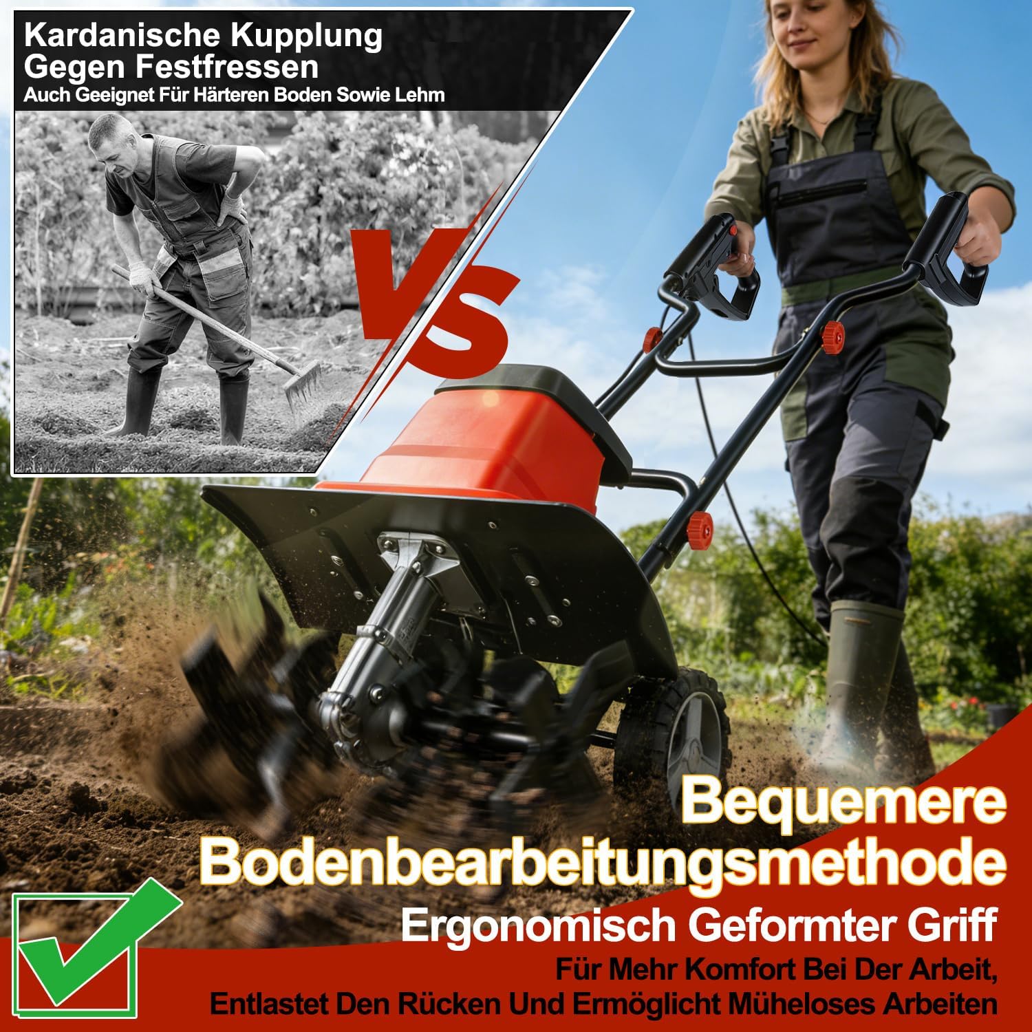 1500W Elektro Motorhacke Gartenfräse, Bodenfräse 400 mm Arbeitsbreite,220 mm Arbeitstiefe elektrische Bodenhacke Motorhacke,24 Messer zum Boden auflockern,Für Garten, Rasen und Beet