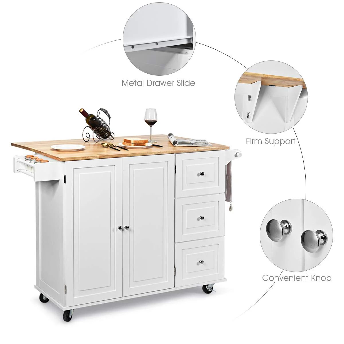 Giantex Kitchen Island Cart, Large Trolley Cart w/ Drop-Leaf Tabletop, Large Cabinet, 3 Drawers, Spice Rack, Towel Rack, Rolling Serving Trolley Cabinet