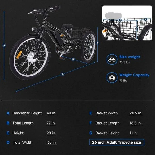 26 Inch Adult 3 Wheel Electric Tricycle with Basket, Fat Tires,7 Speeds,350W Powerful Motor, 36V 10Ah Removable Battery Dark Gray