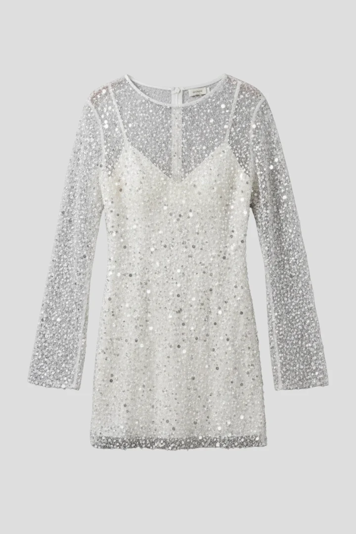 Damen Minikleid mit Mesh-Overlay und langen ?rmeln - Zweiteiliges Design mit ?rmellosem Unterkleid und Rundhalsausschnitt