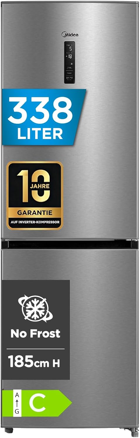 Midea MERB345MGC02 Kühl-/Gefrierkombination/No Frost/185 cm hoch / 59,5 cm breit /70 cm tiefe/171 kWh/Jahr/216 L Kühlteil/ 122 L Gefrierteil/Twin Control/mit Chiller Box, Front Inox