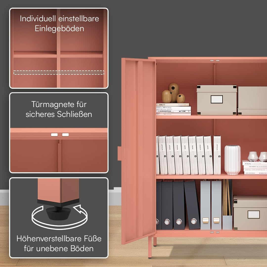 skølm Ituri Metall Kommode – Metallschrank mit 3 verstellbaren Fächern – Sideboard Wohnzimmer Terrakotta – Aufbewahrungsschrank aus Stahl – Highboard im Industrial Design – Büroschrank/Flurschrank