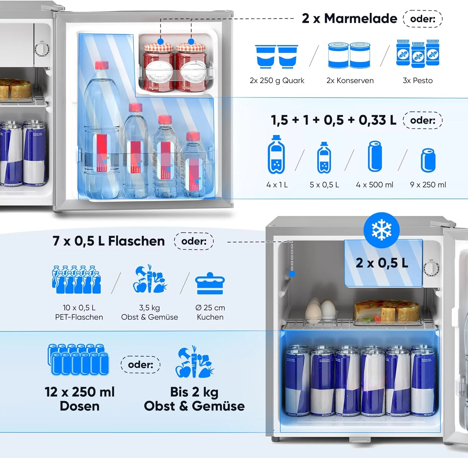 Stillstern minikoelkast E 45L met automatische ontdooiing, slot, vriesvak, stil, ideaal voor keuken, kantoor, slaapkamer, hotels en kleine appartementen, kleine koelkast, minibar, drankenkoelkast