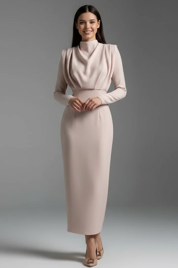 Damenkleid mit hohem Ausschnitt und langen ?rmeln