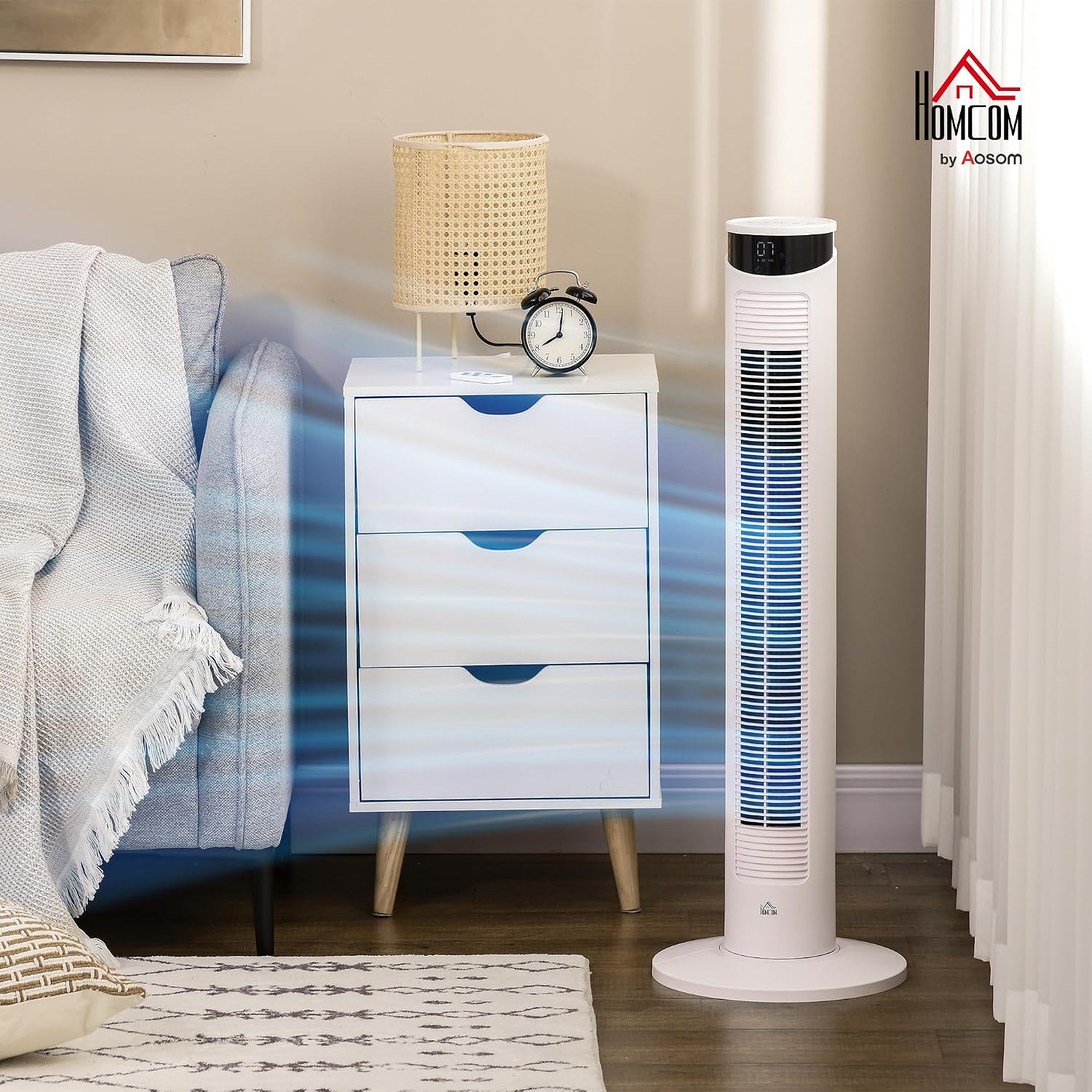 HOMCOM Ventilateur Colonne 45 W, Ventilateur Tour Chambre à Coucher avec Télécommande, Oscillation 70°, 3 Modes, 3 Vitesses, Minuterie 12H, Écran LED, Mode Veille, 93H cm, Blanc