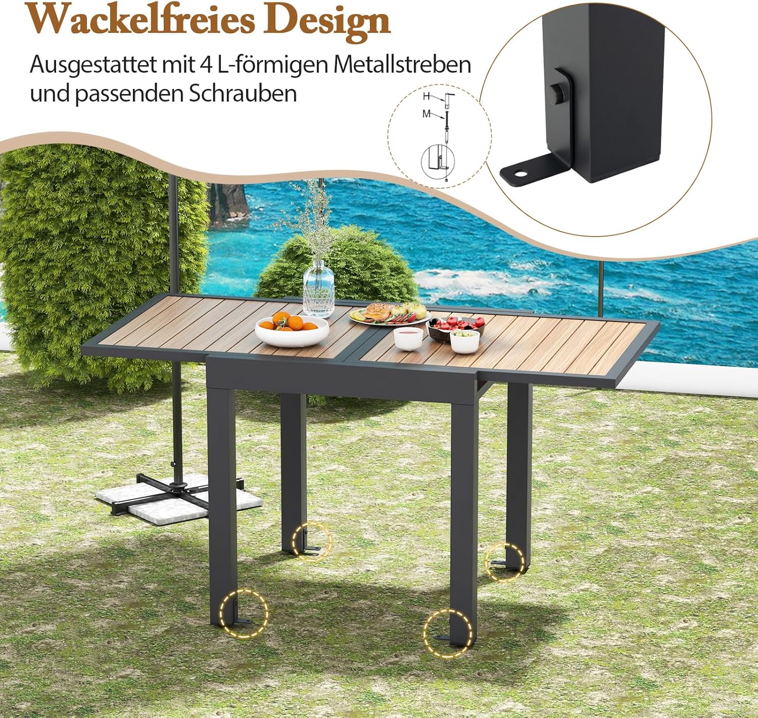 COSTWAY Gartentisch Aluminium ausziehbar, 80/160x80cm, wetterfester Esstisch mit Tischplatte in Holzoptik, rechteckiger Terrassentisch für 4-6 Personen, Ausziehtisch für Garten, Terrasse