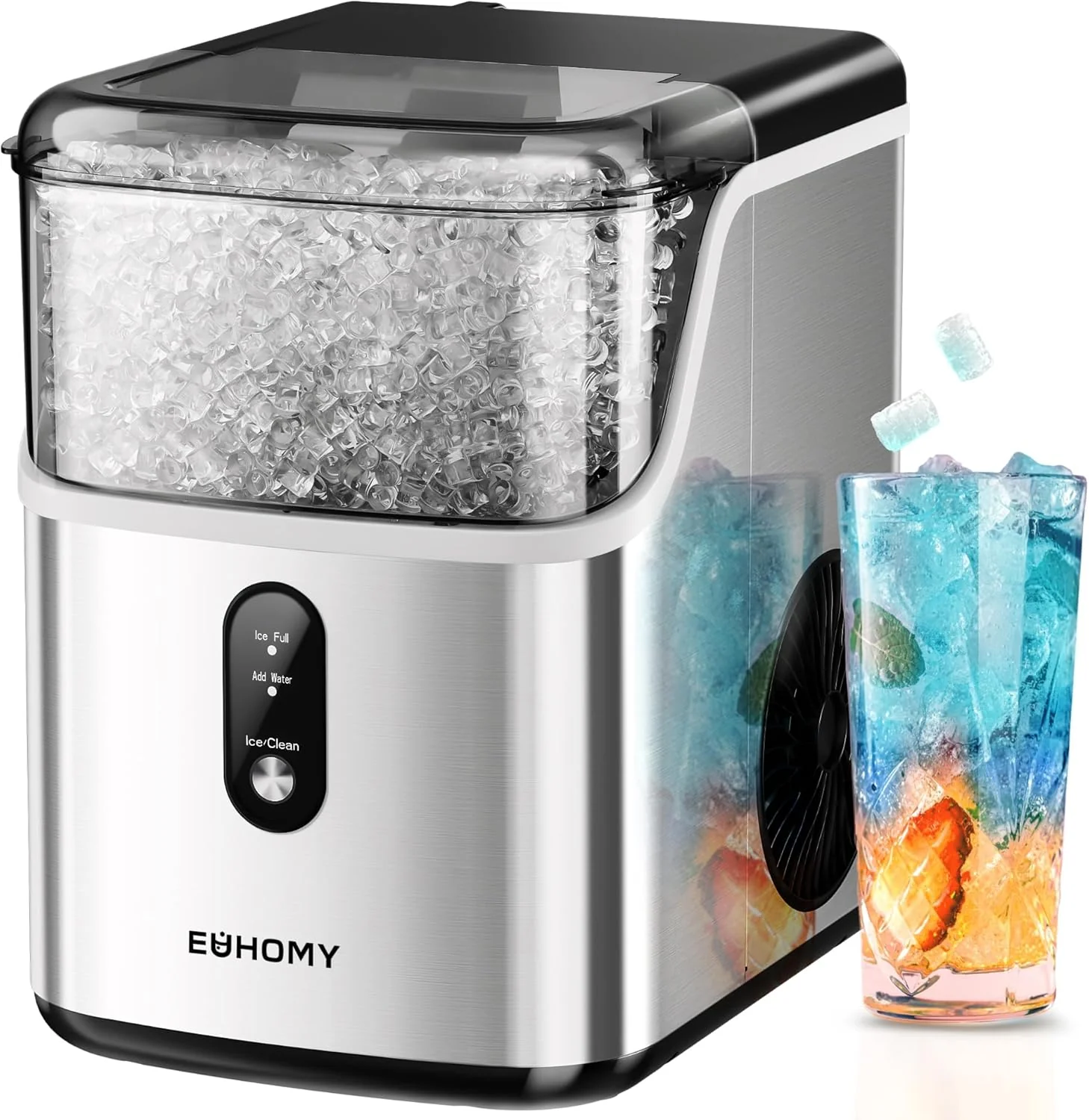 EUHOMY Nugget Ice Maker Countertop. Ready in 7 Mins. 34Lbs/24H Pebble Ice Maker Machine. Self-Cleaning Countertop Sonic Ice Makers with Ice Scoop&Basket. Pellet Ice Maker for Home. Stainless Steel