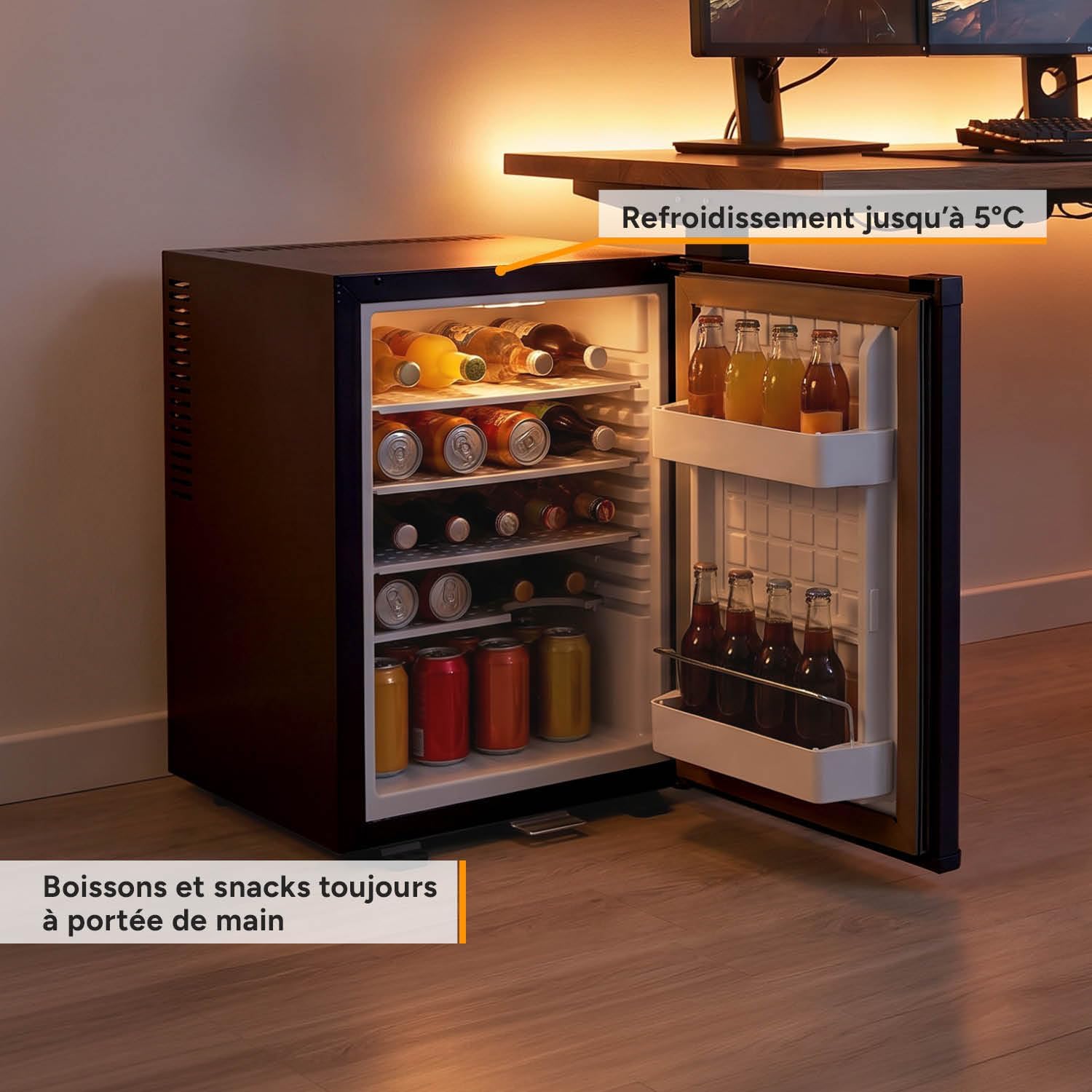 TZS First Austria - Mini réfrigérateur 40L silencieux - Petit mini-frigo avec porte réversible et lumière intérieure - Minibar pour camping, bureau, chambre & hôtel - Noir mat