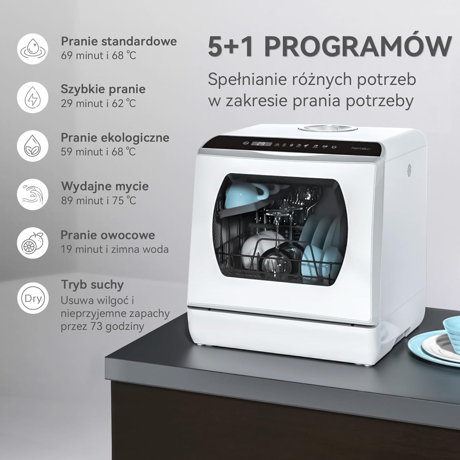 Mini zmywarka stołowa, do użytku z i bez podłączenia do wody, szerokość 43 cm, miejsce na 4 sztućce, do użytku na kempingu, 175 kWh/rok, biały
