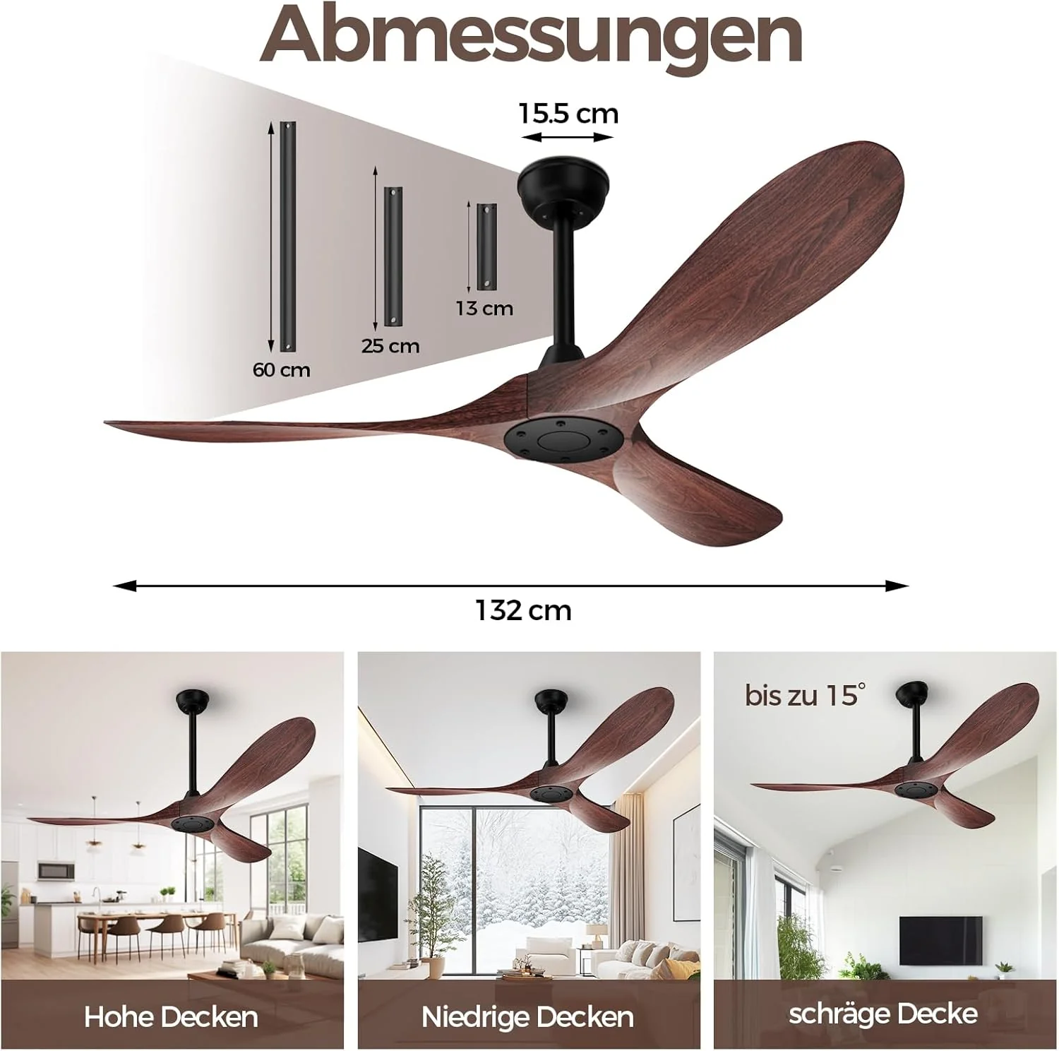 Biukis Plafondventilator van 152 cm met afstandsbediening, 6 snelheidsniveaus, omkeerbare DC-motor voor gebruik het hele jaar door, geschikt voor buiten, tuin, woonkamer, slaapkamer �C Walnoot