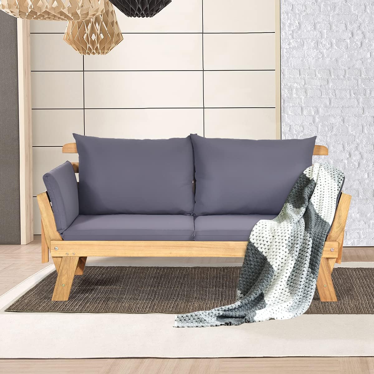 GIANTEX Gartenbank mit Liegefunktion, Gartensofa mit klappbaren Seitenlehnen, Balkonbank mit Auflagen, Sitzbank Outdoor aus Akazienholz, Loungesofa 3-Sitzer, Liegesofa für Balkon Garten Terrasse | 3-in-1-Design