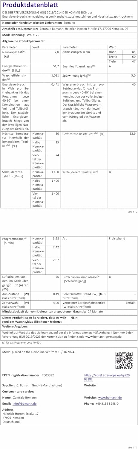 Bomann Waschmaschine 7kg | max. 1400 U/min | 10 Jahre Motor-Garantie | effizienter, leiser & langlebiger Invertermotor | 15 Programme | Endzeitvorwahl | Washing Machine WA 7175 titan - schwarz