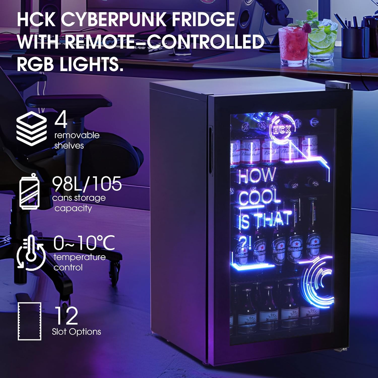 HCK Réfrigérateur Pour Boissons, Mini Frigo Avec éclairage Moderne Cyberpunk, 98L Petit Frigo Silencieux de 0-10°C, Mini Bar Intérieur, Pour Salle de Jeux, Fête, Noir.