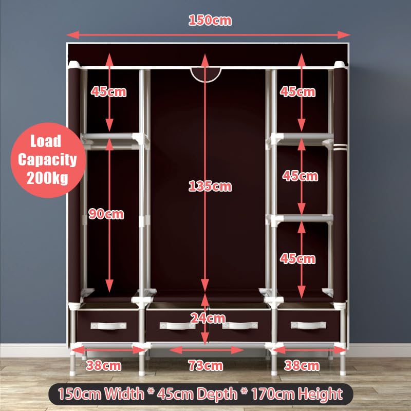 Anmas Power Armadio in tela con 4 cassetti – caffè scuro | grande appendiabiti con appendiabiti e ripiani, 150 x 45 x 170 cm : Amazon.it: Casa e cucina