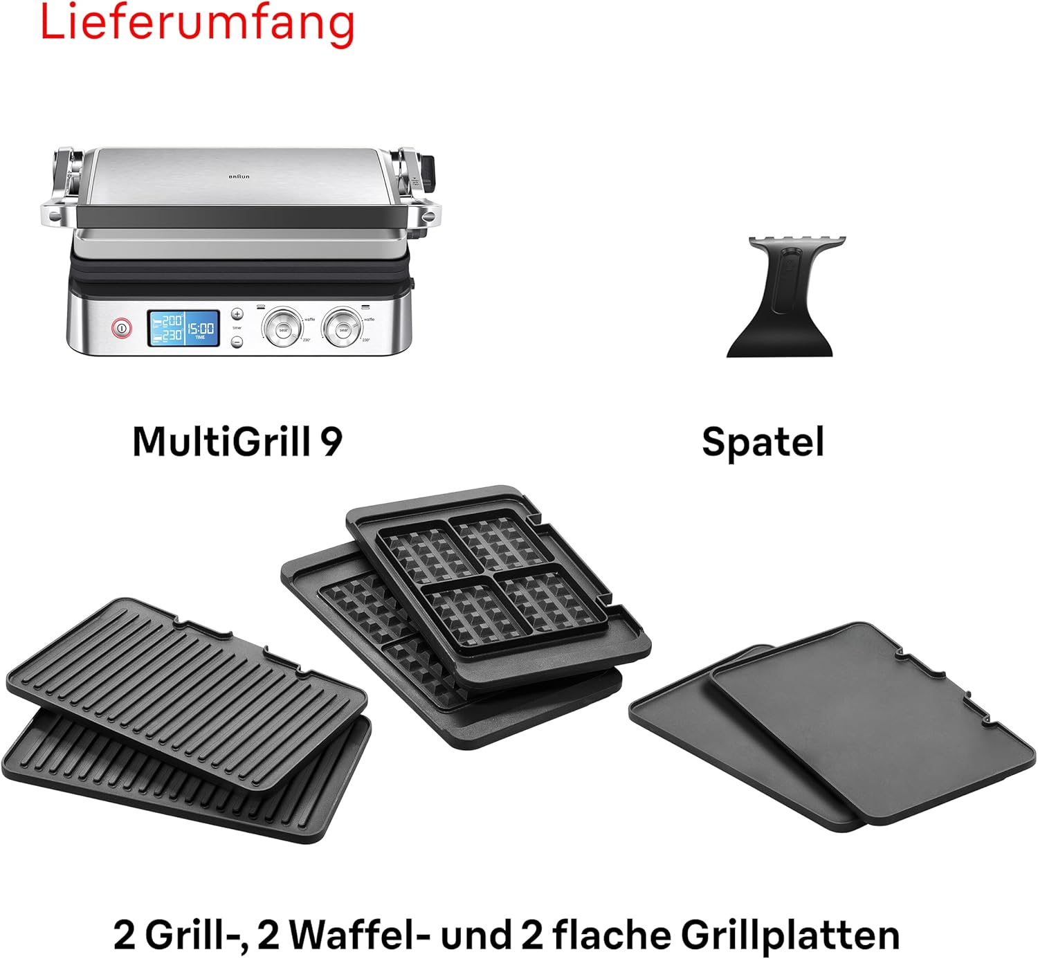Braun MultiGrill 9 CG 9047 Kontaktgrill mit Grill-, Flach- und Waffelplatten, Grillpositionen: Kontakt, BBQ, Ofen, Spülmaschinenfeste Platten, Fettauffangschale, 230° Höchsttemperatur, Boost-Funktion
