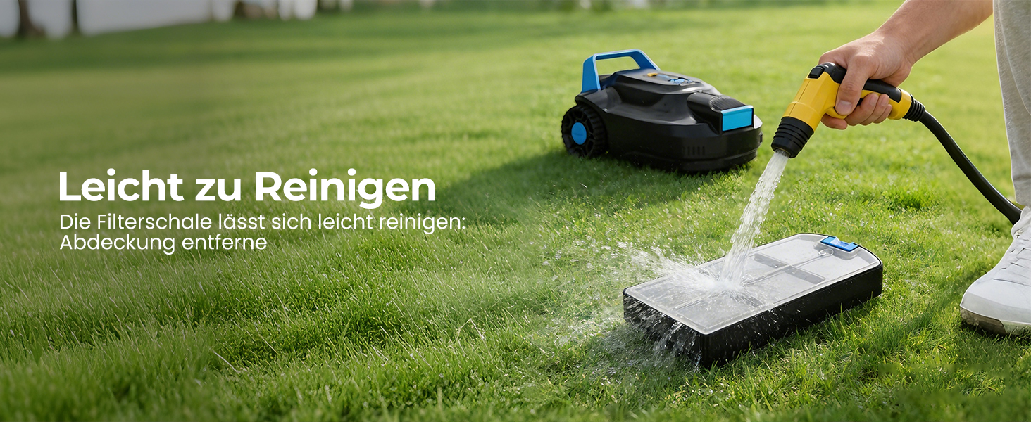 Der Text lautet „Leicht zu Reinigen“ und „Die i Harschan dost sich nicht reinigen“. Ausbruchung erforderlich.“ Mähroboter auf Gras mit Reinigungsvorführung, bei der die Unterseite des Geräts mit Sprühwasser gereinigt wird.