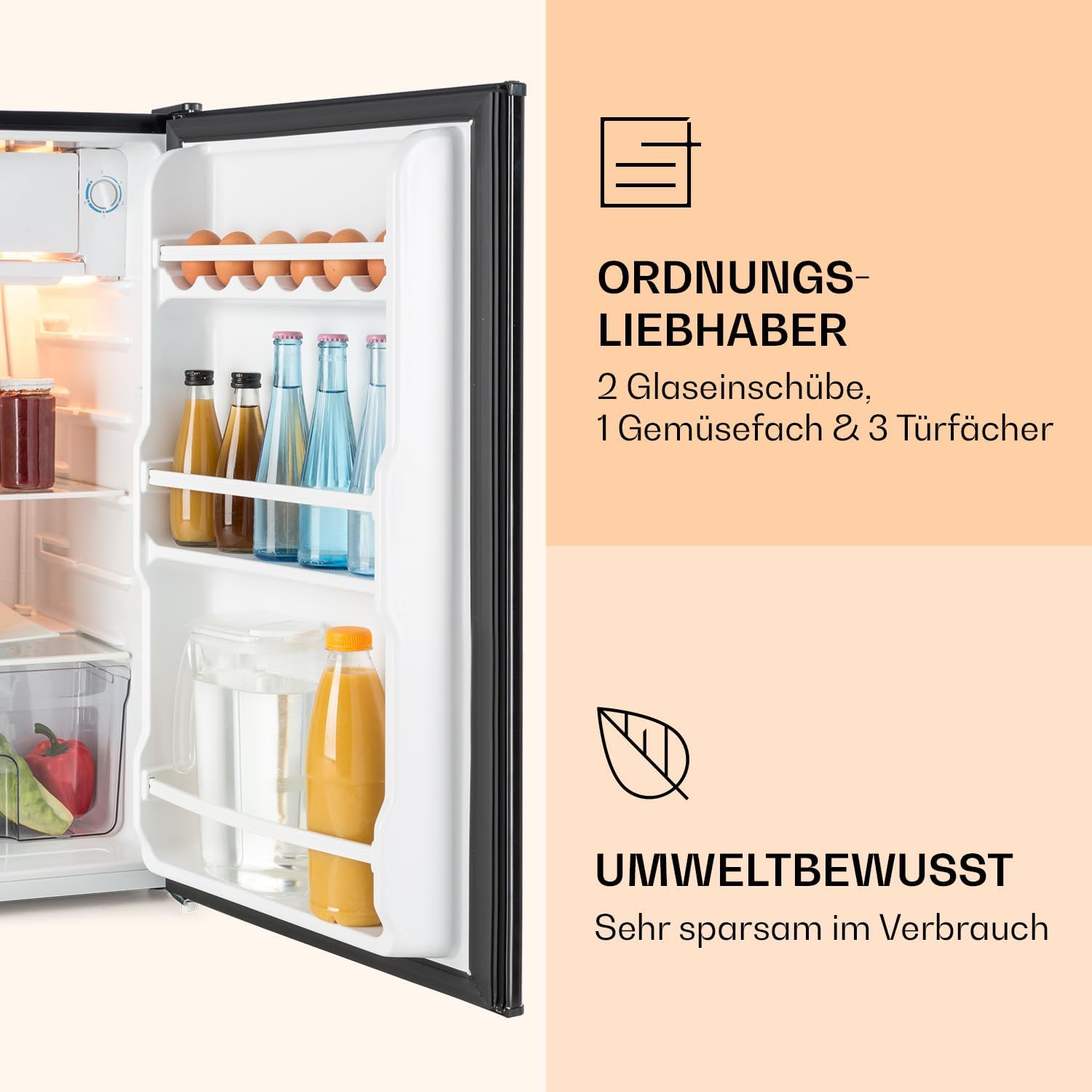 Klarstein MKS-6 Mini-Kühlschrank mit 66 Liter Volumen und 83 Watt, Sleek Edition, freistehend, 3 Temperaturstufen 5 bis 15 °C, 33 db, Innenbeleuchtung, Regaleinschübe, Seitenfächer, weiß