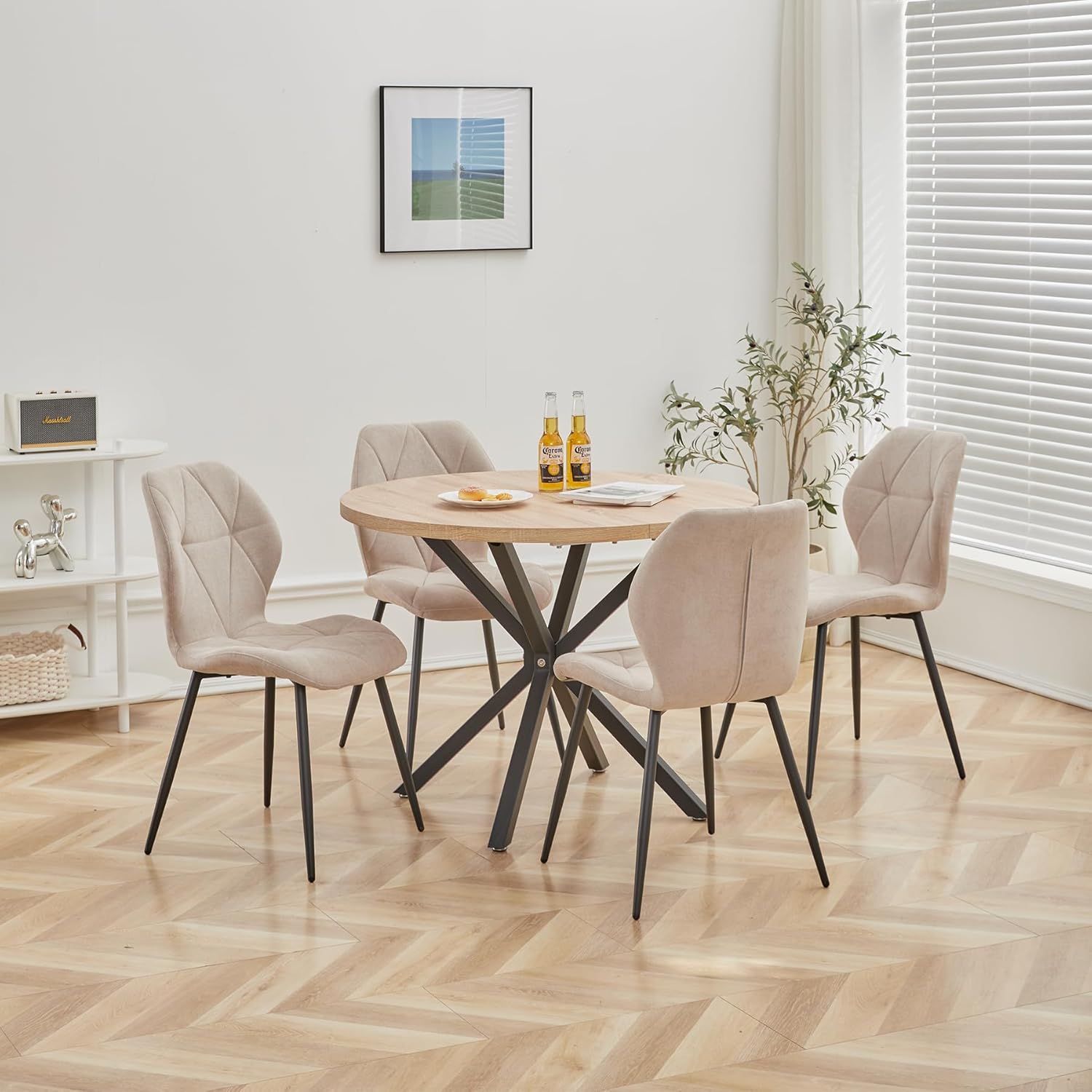 Essgruppe Set Tisch und Stühle, 100cm Runder Esstisch und 4 Leinen-Esszimmerstühle, 4 Stühle & Tisch für Küche, Esszimmer und Wohnzimmer (Khaki-LX, 100 * 100 * 76.5cm (Helle Holzfarbe))