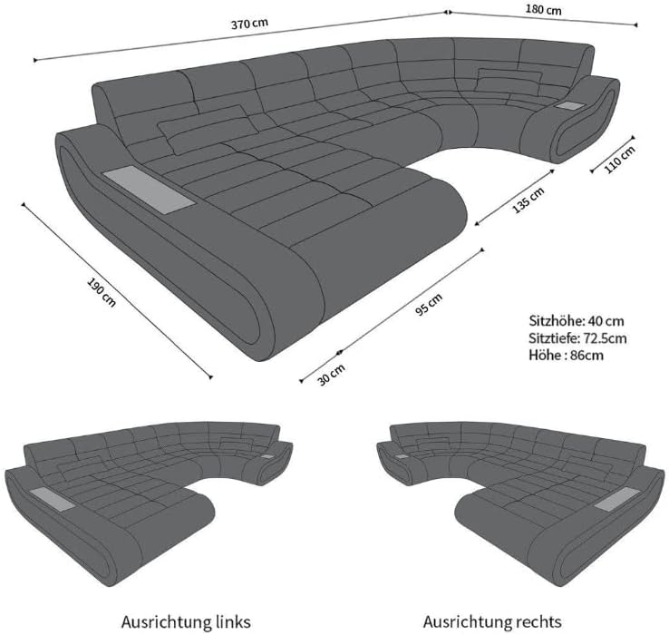 Sofa Dreams Wohnlandschaft Concept U Form - mit LED Beleuchtung, Ottomane/Mikrofaser/Ausrichtung wählbar (Ottomane rechts, Schwarz-Elfenbein)