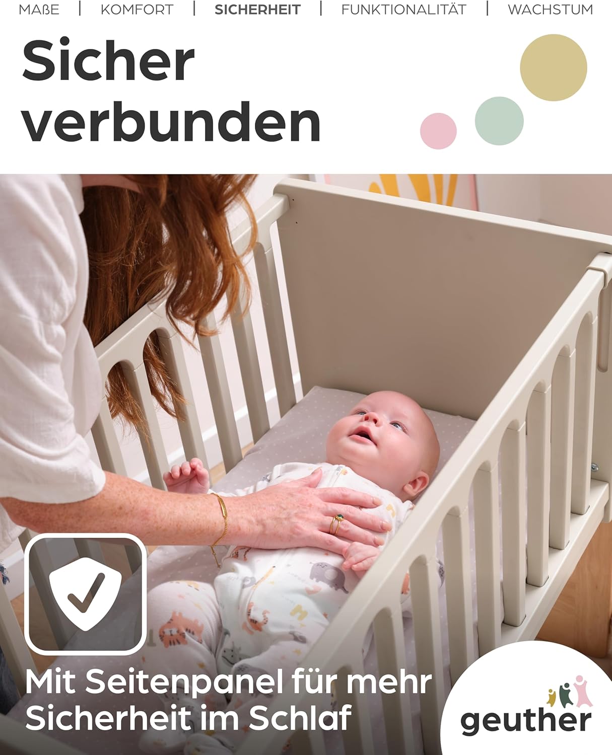 Geuther 4-in-1 Beistellbett Baby Hato, Baby Erstausstattung für Babyzimmer ab Geburt I Gitterbett umbaubar als Kinderbett, Sitzbank oder Kindertisch I Babybett mit Matratze I Buchenholz, Natur-Beige