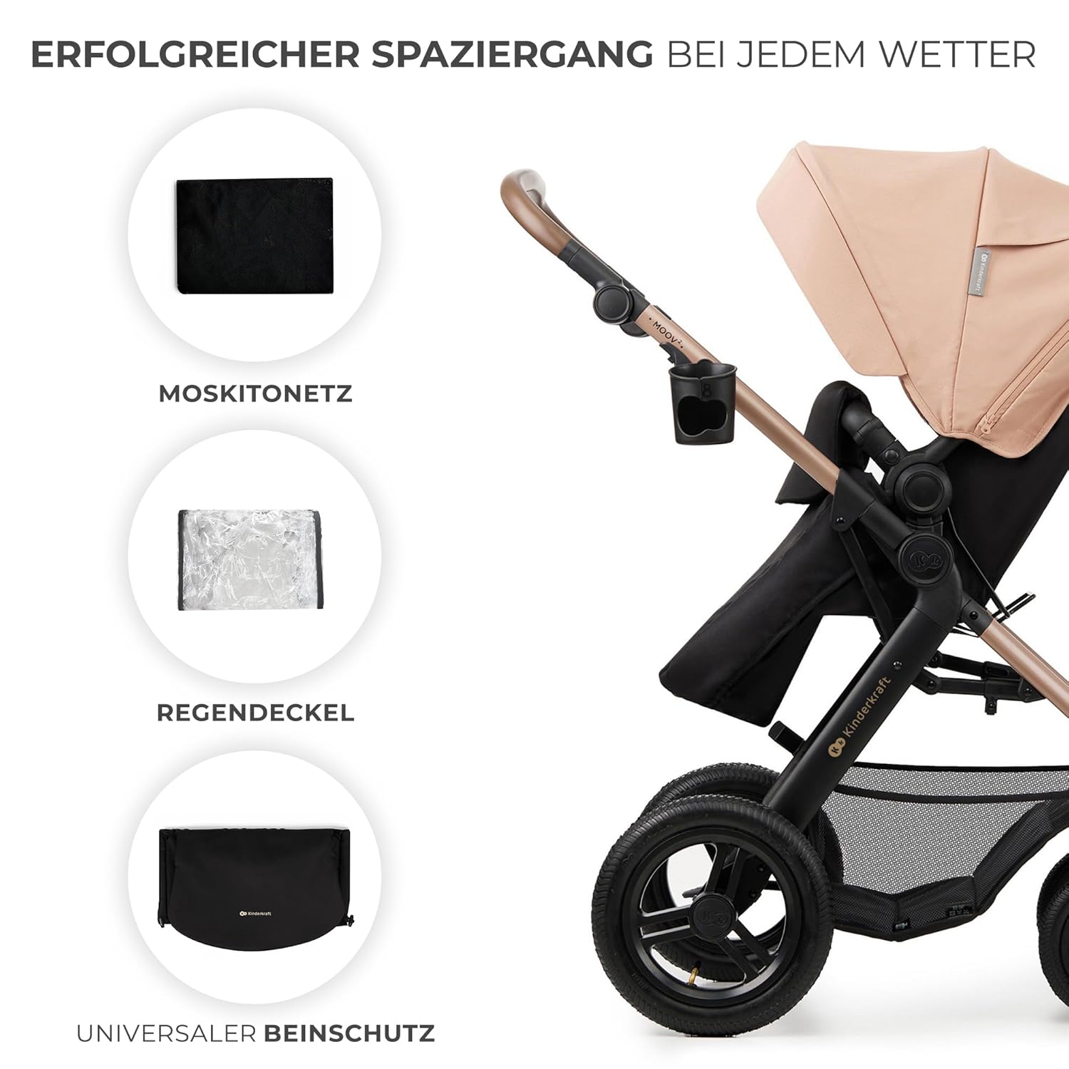 Kinderkraft MOOV2 AIR Kinderwagen 3 in 1 Kinderwagenset bis 26 kg mit Kindersitz I-SIZE 40-75 cm, Buggy Funktion, Liegeposition verstellbar, Große ausziehbare Verdeck, Aufblasbare Räder, Schwarz