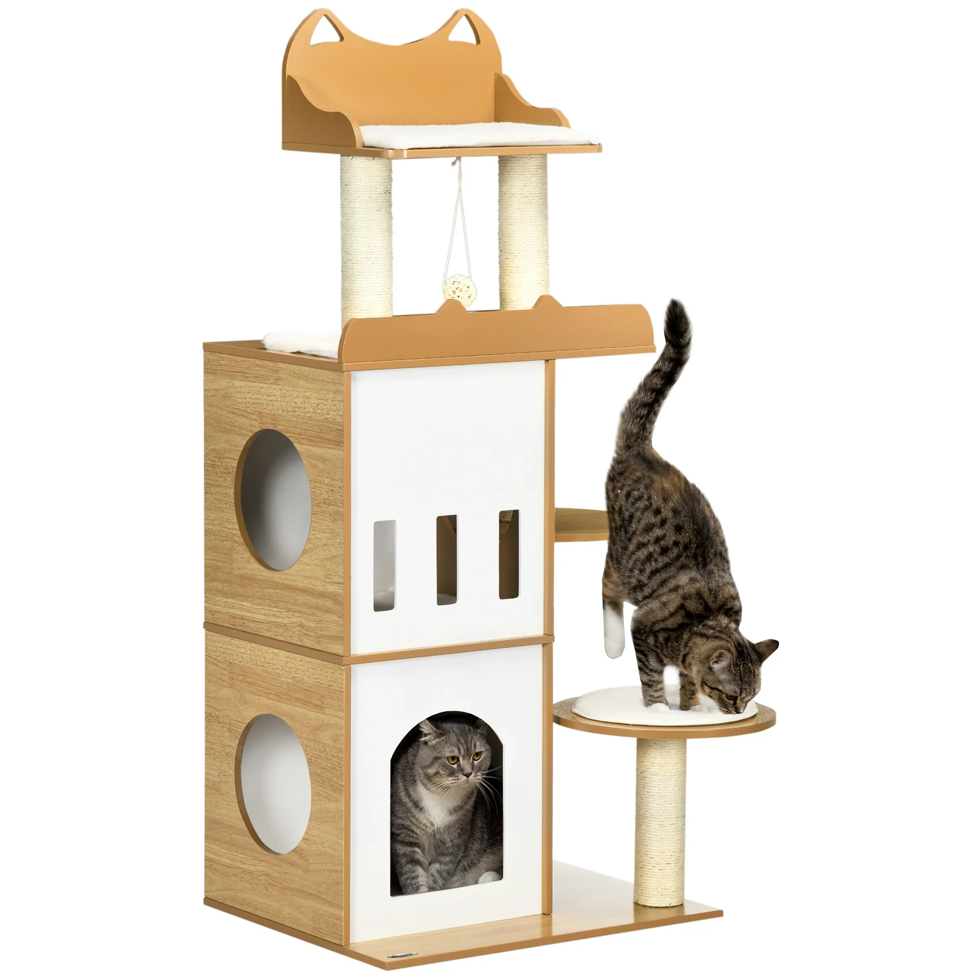 PawHut Krabpaal Kattenmeubel met Sisal Krabpalen en Speelbal Eiken Wit
