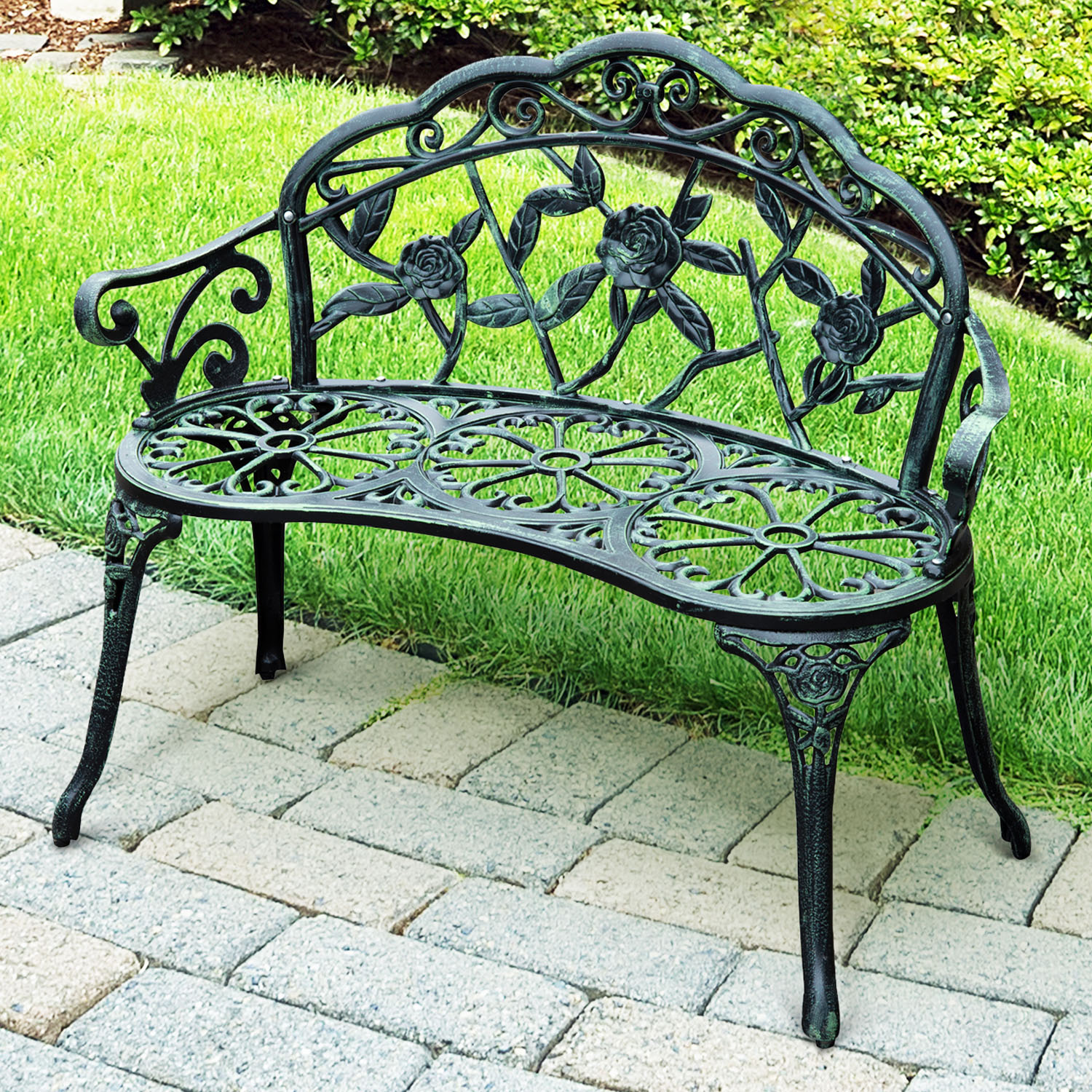 Metalen tuinbank zitbank parkbank tuinmeubel tweezitter bloemenbank antieke bank