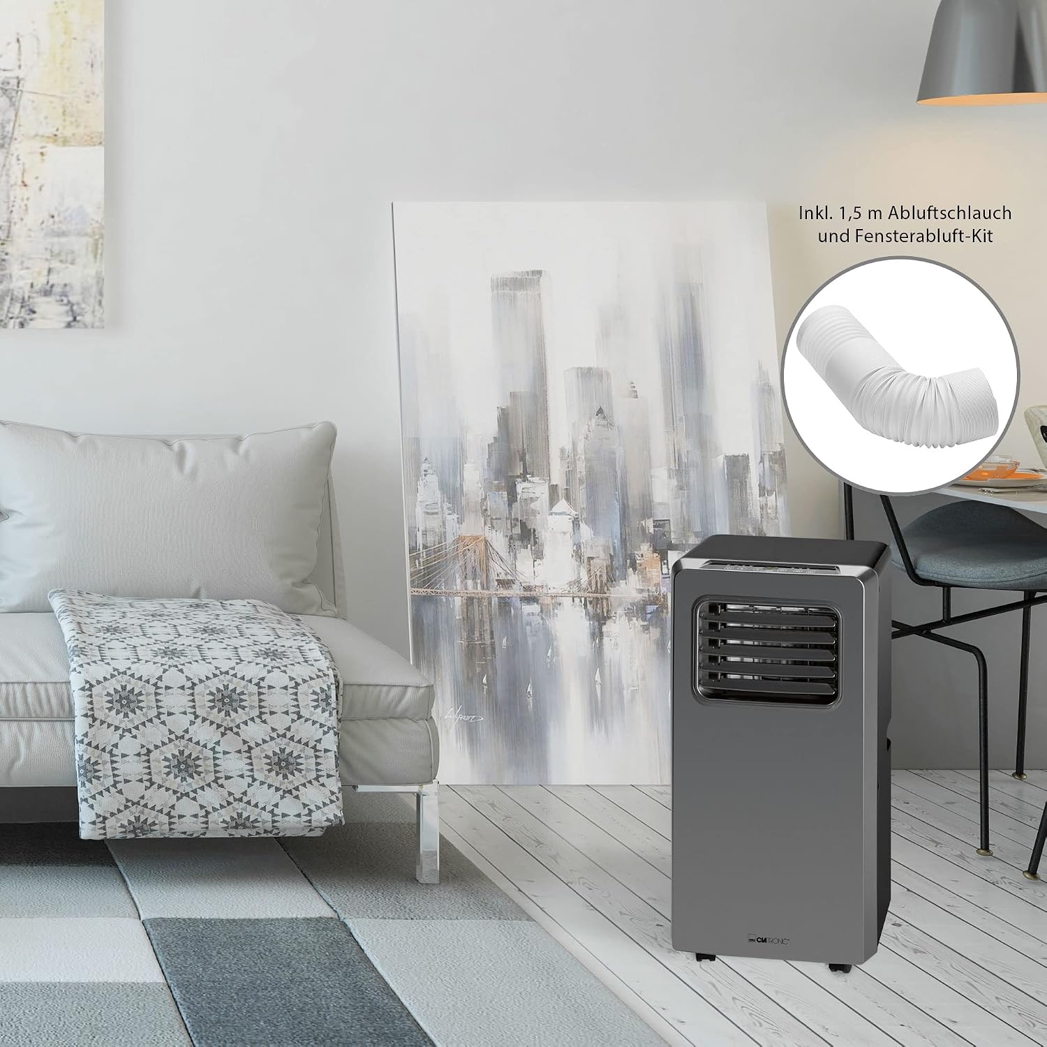 Clatronic Klimaanlage CL 3672 mobiles Klimagerät mit Abluftschlauch, 3 in 1 Klimaanlage mit LED-Display, Fernbedienung, 24 Stunden-Timer, verstellbare Luft-Klappen, 8000 BTU (2,3 kW), schwarz