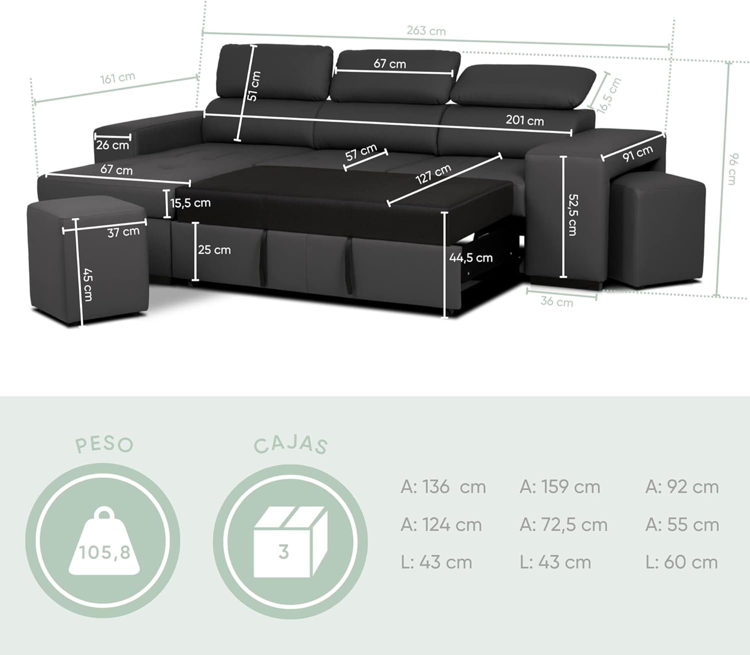 Sofa narożna BUDWING John 4-osobowa z funkcją spania – rozkładana leżanka, regulowany zagłówek i 2 pufy – tapicerowana poliuretanem – styl nowoczesny – 263 x 161 x 96 cm – kolor czarny