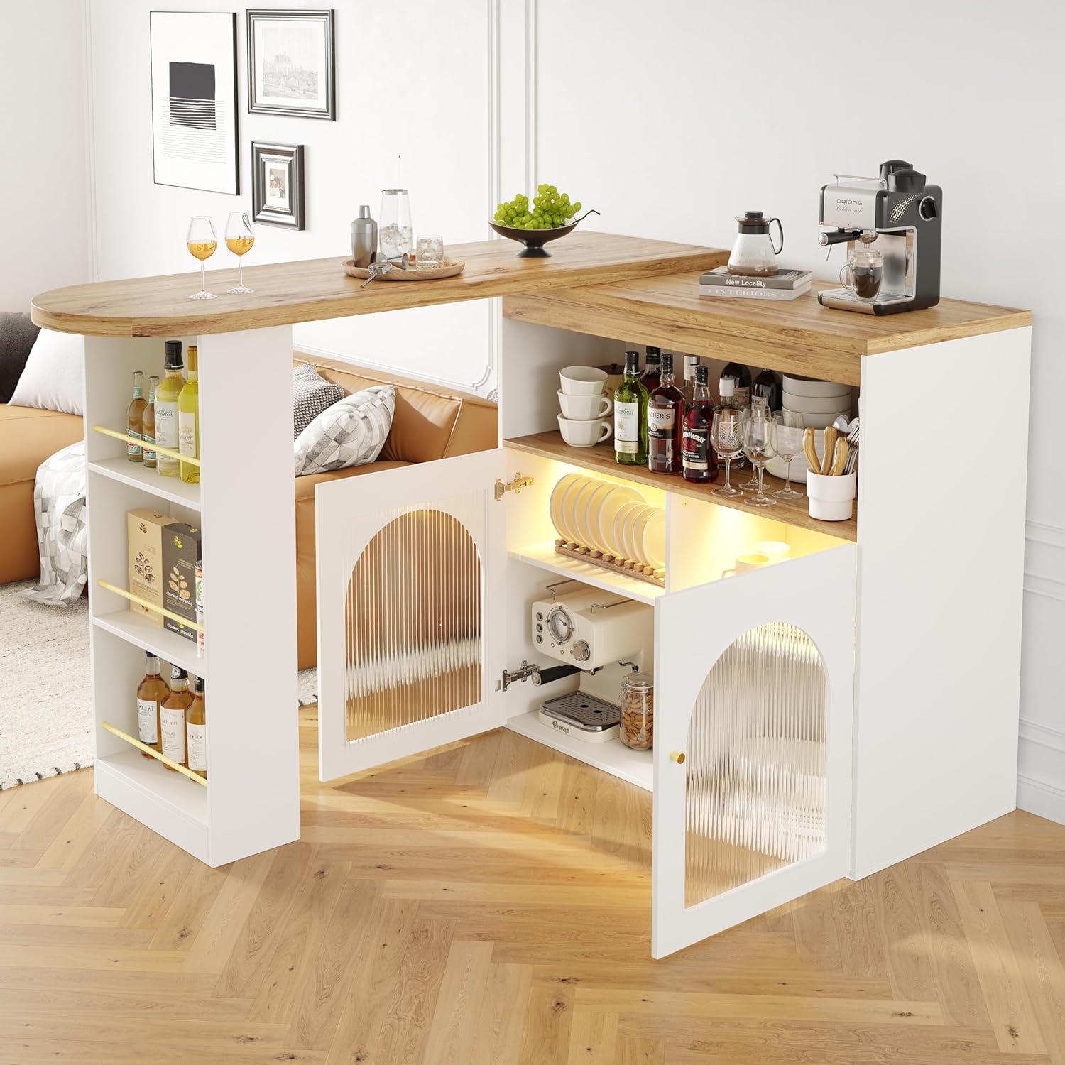 SogesHome Bartisch Esstisch Buffets Modern Ausziehbar Drehbar Bartisch Tisch Stehtisch Bistrotisch mit Stauraum und 1m langem LED Lichtstreifen für Esszimmer
