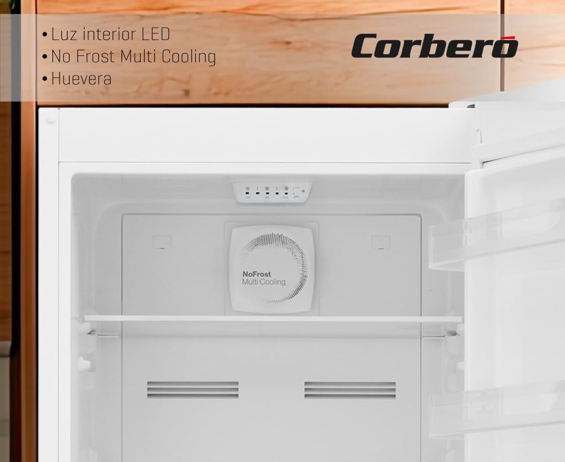 Corberó - Combi Refrigerator | CC594V24NFW | 295L | 60x59,5x186 | No Frost, LED Light, Crisper, Adjustable Balconies, Glass Shelves, Egg Cups, Ice Cube Trays | 39 Db | White