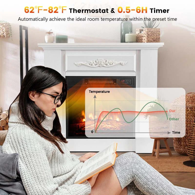 32Quot Solid Electric Fireplace With Mantel 1400W Freestanding Mantel Fireplace Heater With Remote Control Thermostat 6H Timer