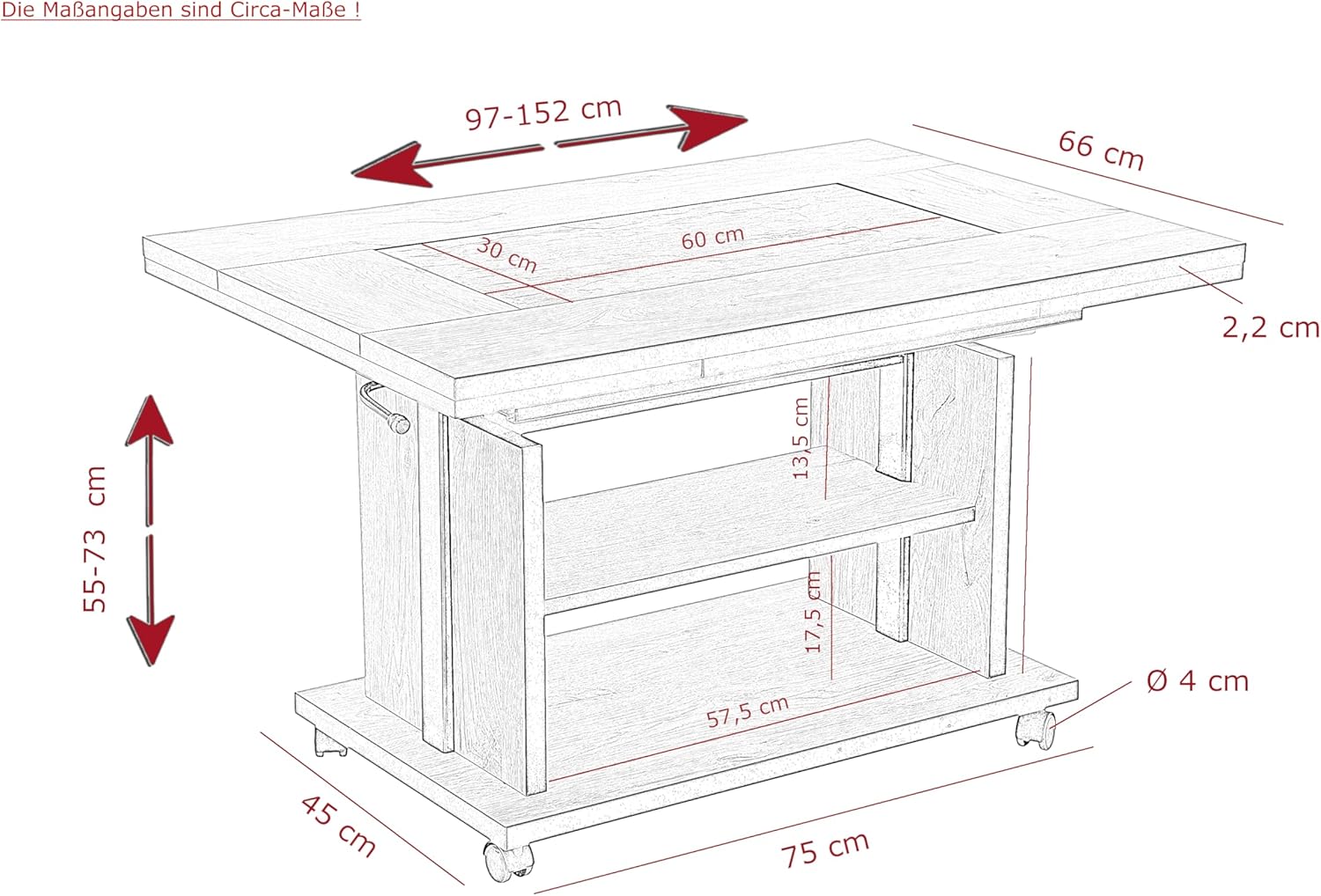 Hela Tische, Couchtisch mit 3 Funktionen Berlin, Dekor Artisan Eiche, Schieferplatteneinlage, Ausziehbar, Höhenverstellbar mit Lift, Kunststoff-Rollen mit Bremse