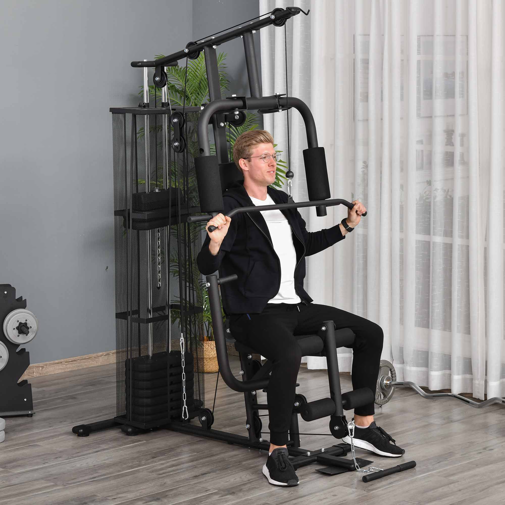 Gym Krachtstation Fitnessstation Multigym Fitnesscentrum Fitnessapparatuur incl. gewichten Latzug Beincurl Metaal PU-kunstleer zwart 150 x 110 x 210 cm