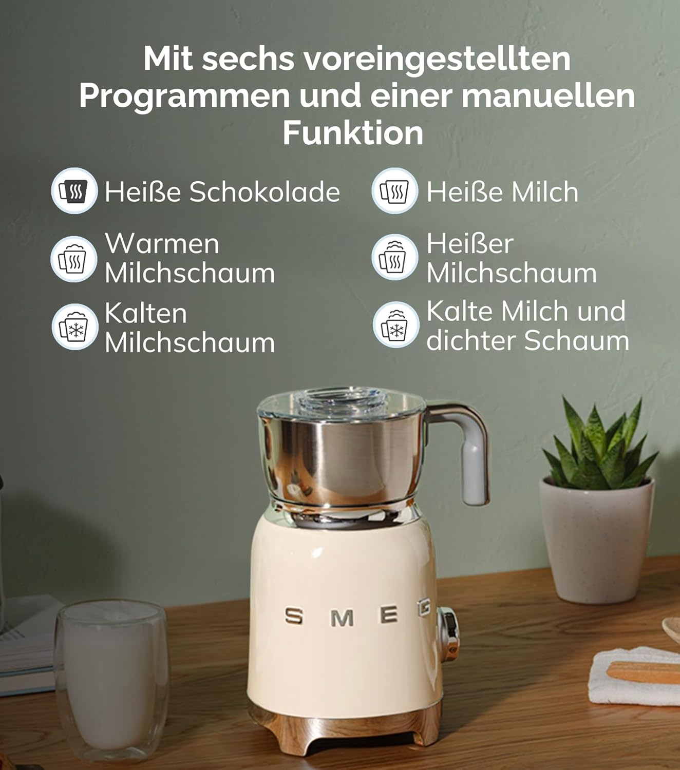 Smeg, Milchaufschäumer Multifunktion MFF11CREU, mit Induktionssystem, 6 voreingestellte Programme, eine manuelle Funktion, abnehmbare Karaffe von 600 ml, Messkappe, integriertes Umschlag, 500W, Creme