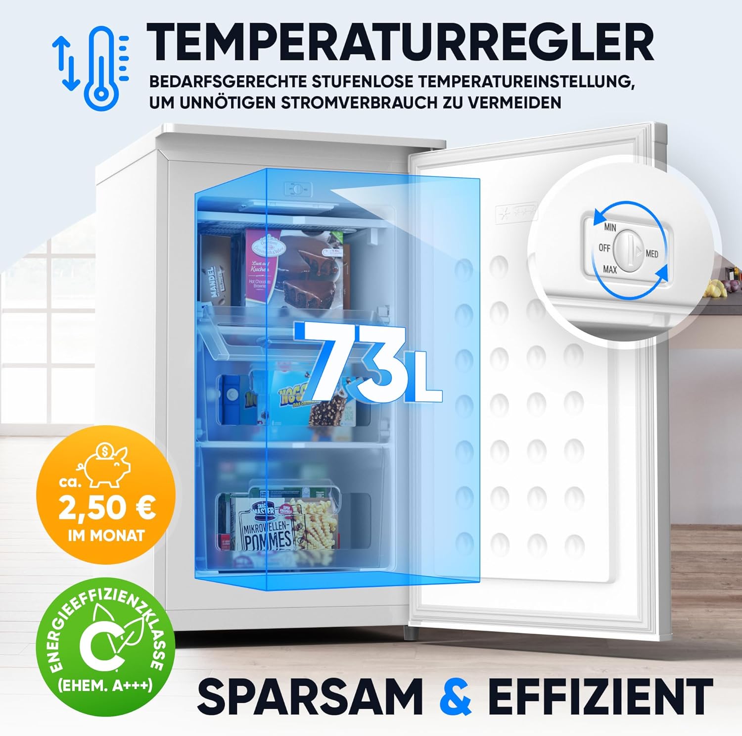 Stillstern Gefrierschrank Klein (73L) 4-Sterne-Gefrierfach -18°C ger. Energiever. Mini Freezer mit 3 Fächer, stufenlos reg. Temp., kleine Tiefkühltruhe, Türanschlag r./l. Tiefkühlschrank R600A Weiß