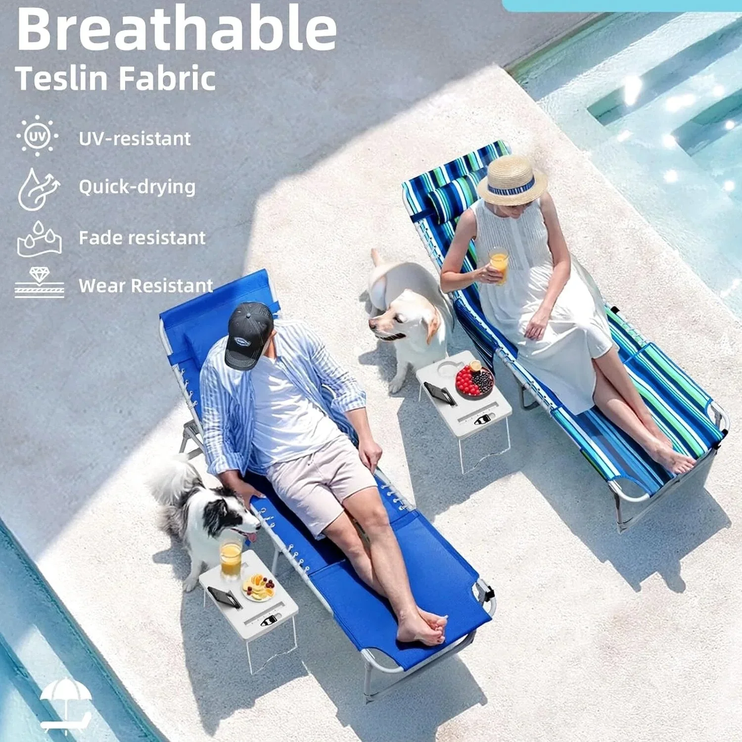 3-in-1 Outdoor Sun Tanning Lounge Chair with Face Hole 5-Position Recliner, Folding Side Table & Removable Pillow, 330lbs Capacity, Blue