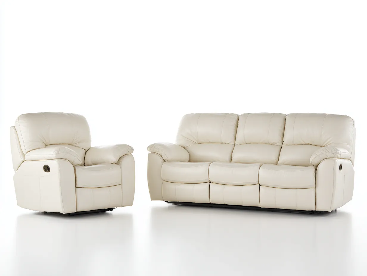 Relaxsofa Sets-Leder-Metall-Holz-216x99x104 cm-creme-modernes Design
