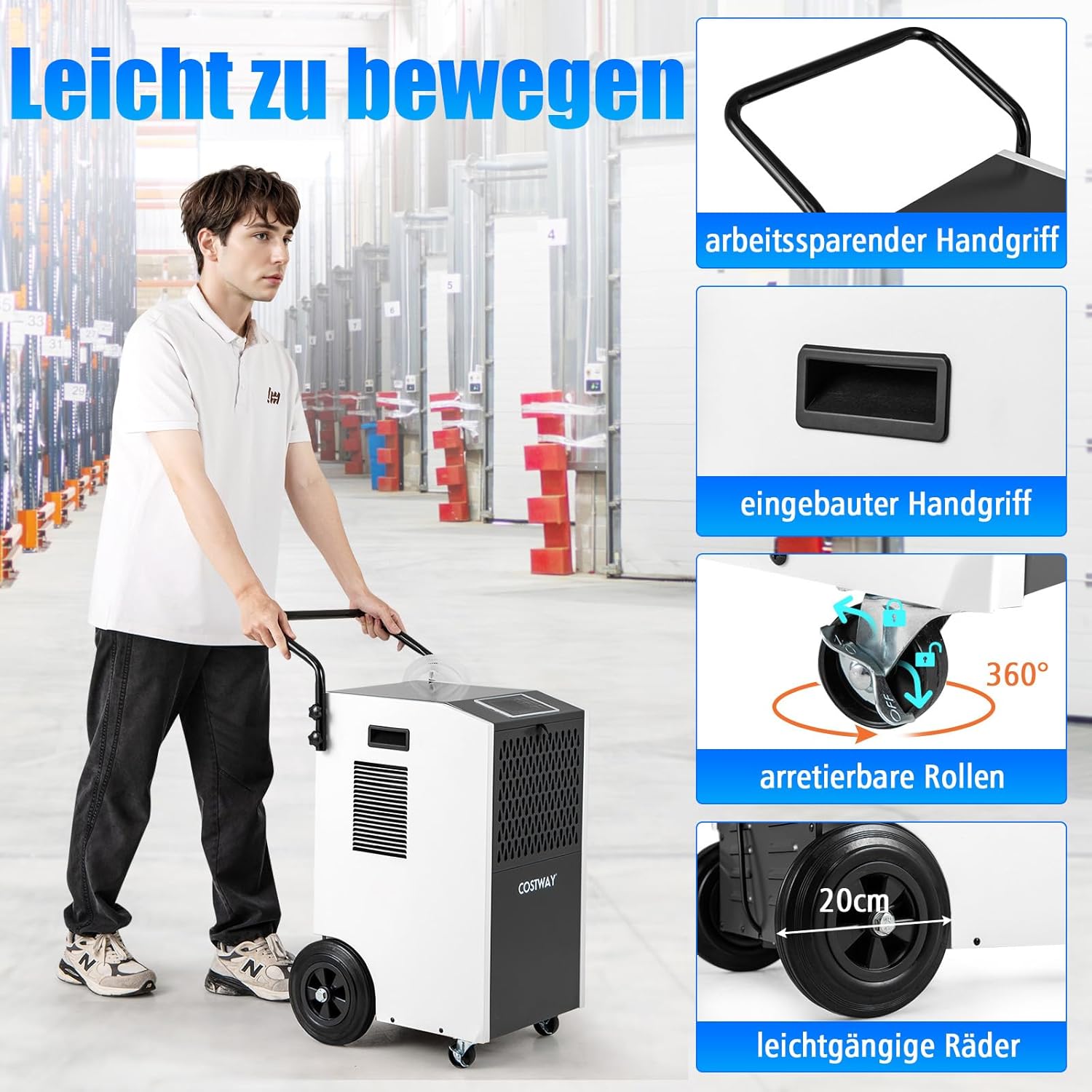 COSTWAY 73 L/Tag kommerzieller Luftentfeuchter, industrieller Bautrockner mit Ablaufschlauch & 24H Timer, tragbarer Entfeuchtungsgerät mit Rollen für Keller, Lager, Baustelle bis zu 695m³ (Weiß)