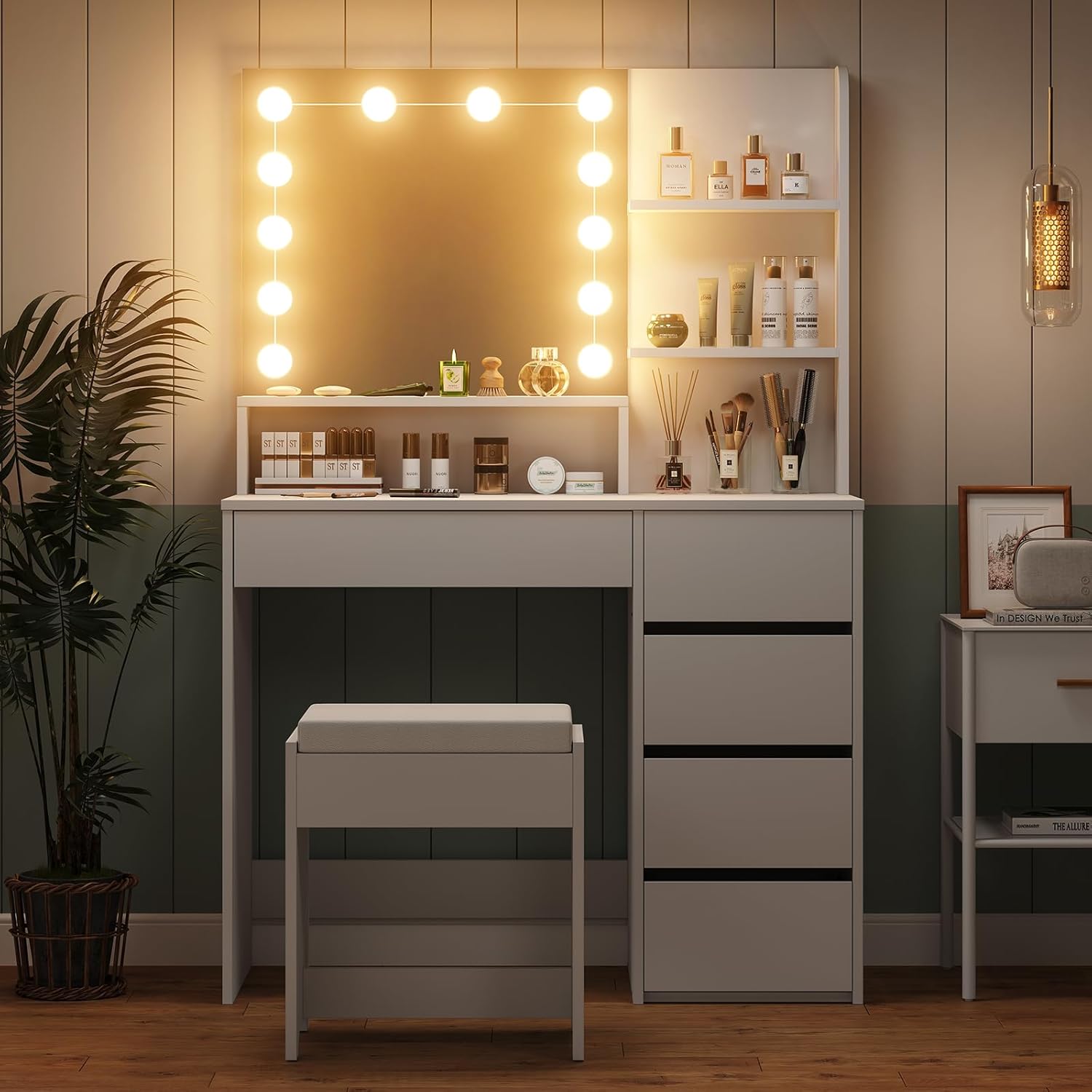 Furniouse Vanity Mirror with Lights and Table Set with 5 Drawers