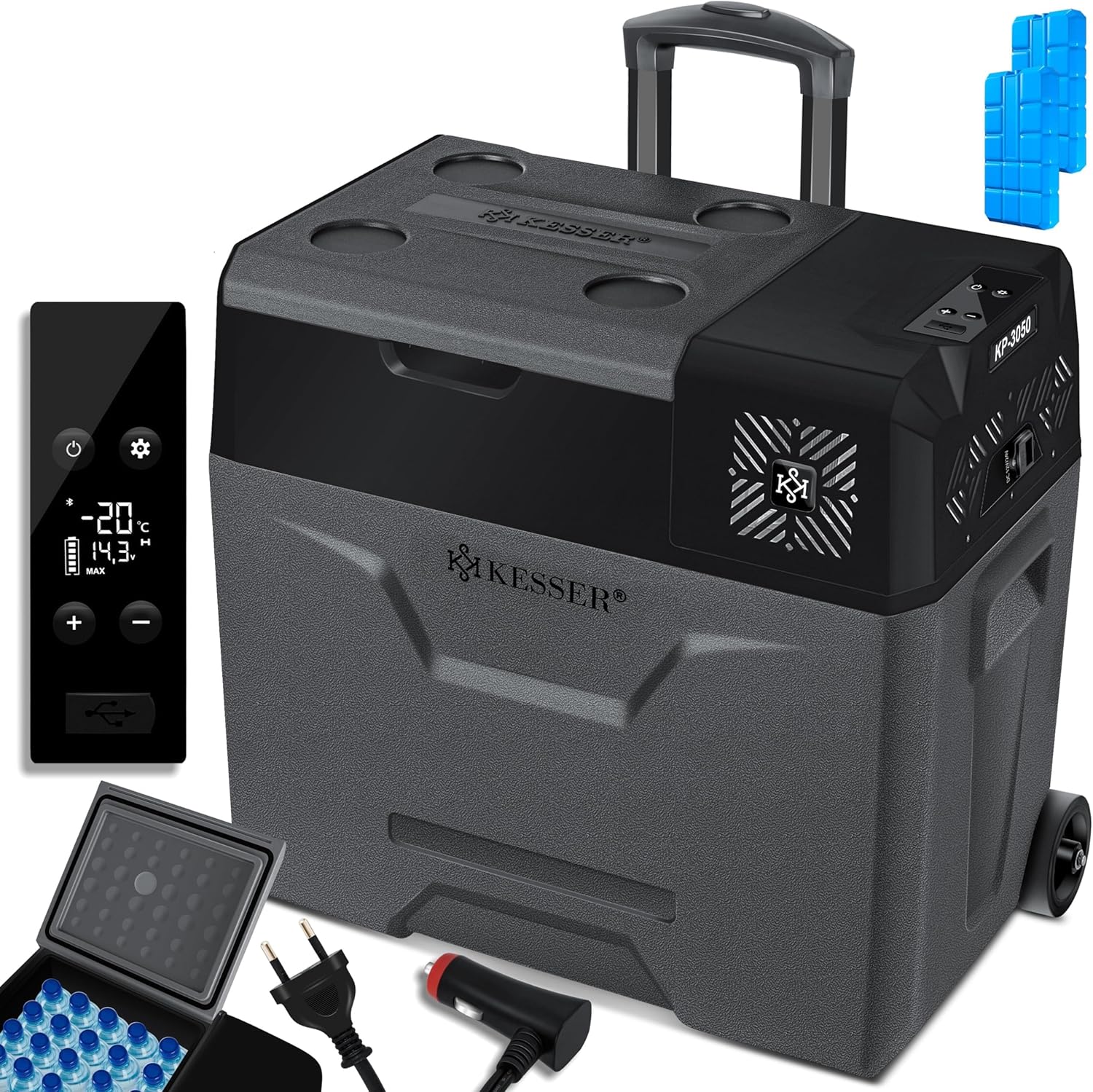 KESSER® Kompressor Kühlbox auto elektrisch 50L, Camping Kühlbox 12/24/230V mit APP-Steuerung, Gefrierbox bis –20 °C, Kühlbox mit Rädern & Teleskopgriff für Camping, Wohnmobil, LKW & Boot + 2 Kühlakkus