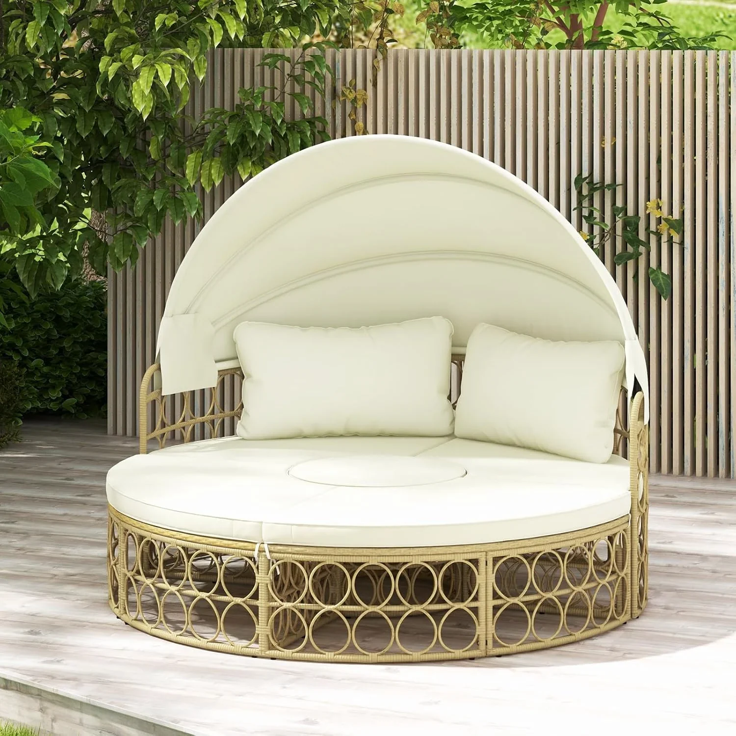 GIANTEX Sofa rozkładana okrągła z wysuwaną markizą, 5-częściowy zestaw mebli ogrodowych PE modułowy leżak rattanowy, zestaw mebli ogrodowych 180 x 150 cm, na werandę, tył, basen, beżowy