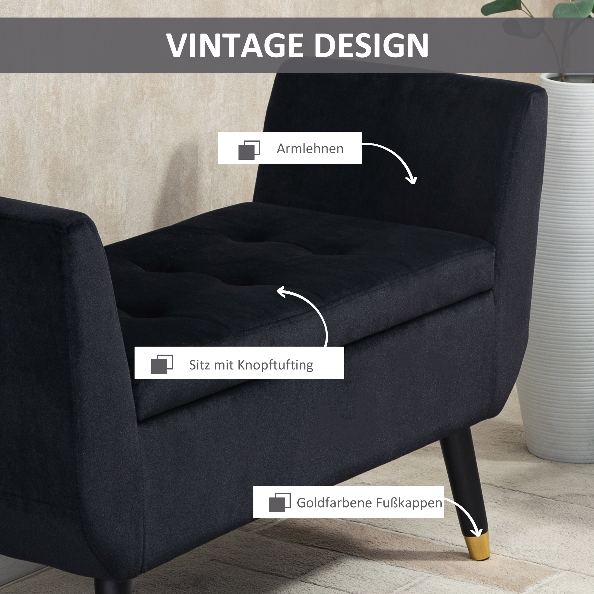 luxe bank gestoffeerde bank met opbergruimte armleuningen bank fluweelzacht polyester rubber hout zwart 107 x 42 x 65 cm