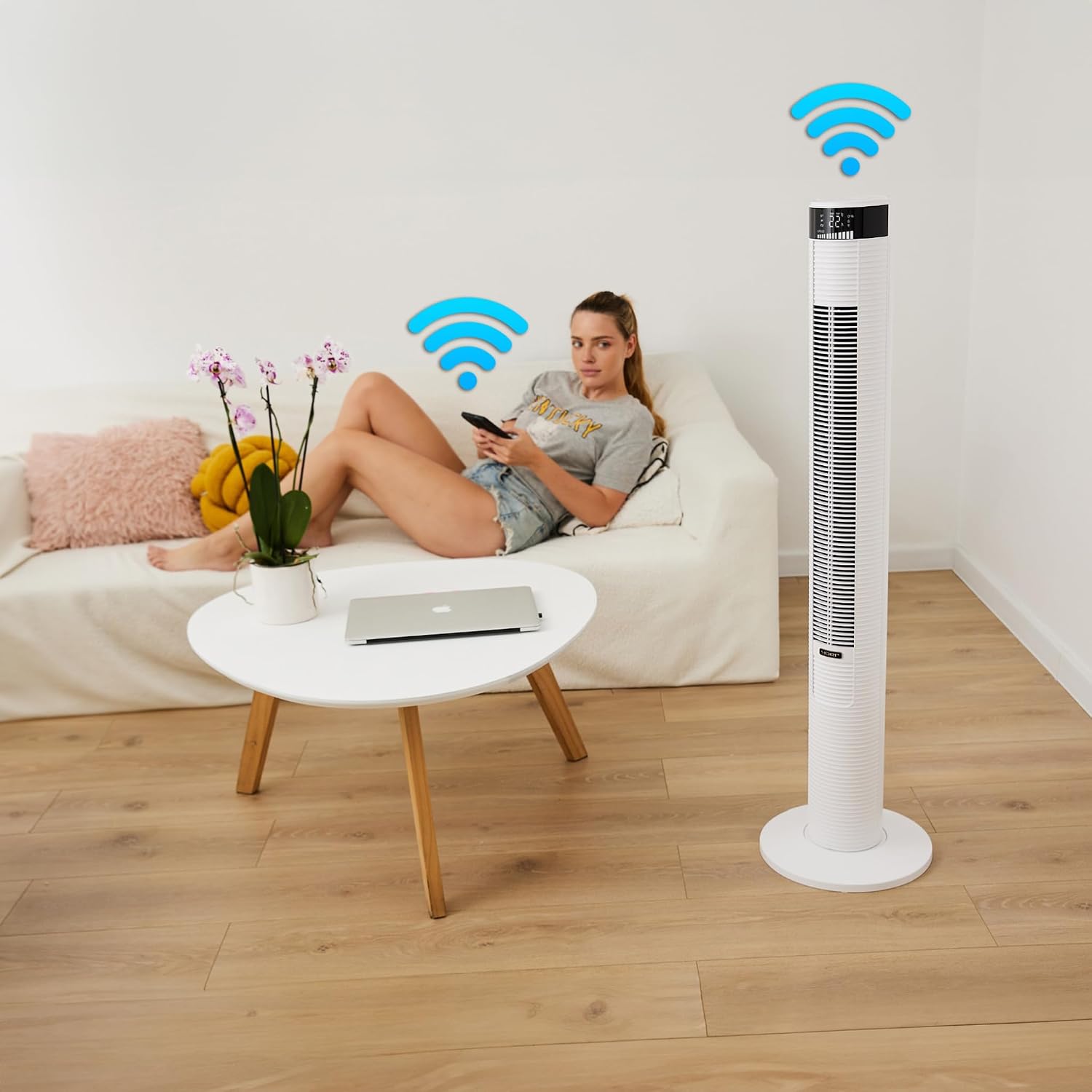 YOER Spiro TF03W, 45W, Ionisator, 4 Gebläsemodi, 90° Oszillation, 10m Reichweite, 12-Stunden-Timer, Leiser Betrieb, 3 Geschwindigkeitsstufen