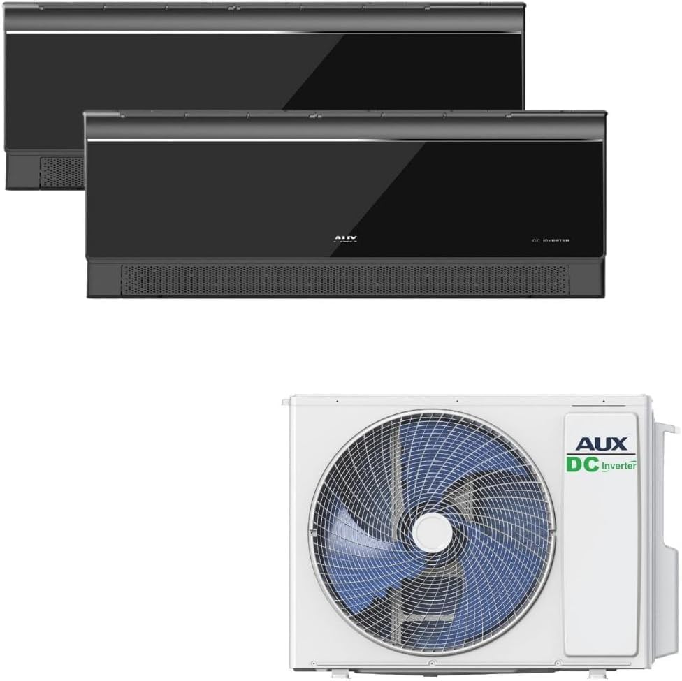 A++ AUX Klimaanlage Set 27000 BTU (7,9kW) - Außengerät + 2× 12000 BTU Wandgerät mit WLAN - R32 Kältemittel - Hochglanz Schwarz - leise Multi Split für 2 Räume - smart & anschlussfertig