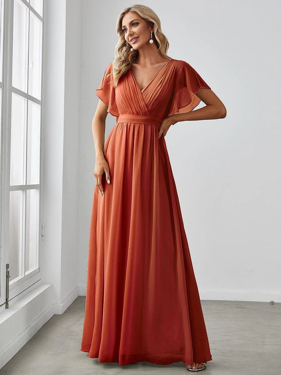 Abendkleid Damen Maxi A-Linie aus Chiffon | Festliches Kleid f��r Hochzeitsg?ste mit V-Ausschnitt und Fl��gel?rmeln