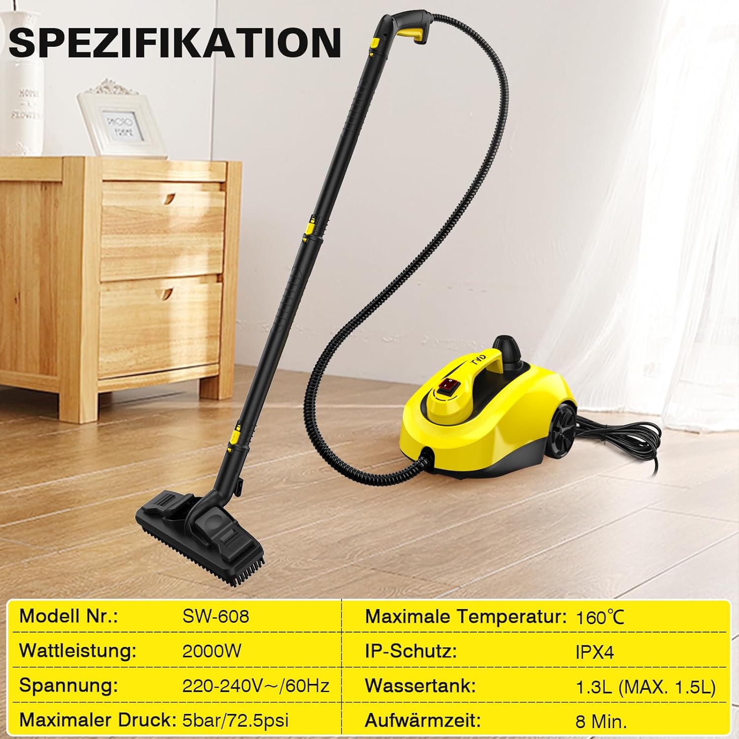 TVD Dampfreiniger, Polstermöbelreiniger, Dampfreiniger mit 5 m extra langem Netzkabel für Bodendampfer, Ofen, Teppich, Sofa, Polster, Bettwanzen.